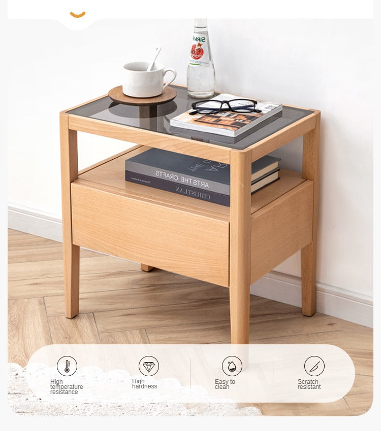 Beech solid wood bedside storage, small side table.