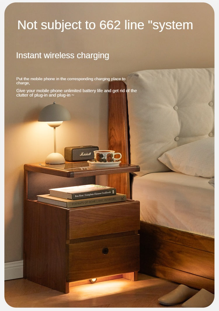 Black walnut solid wood wireless charging with lock Smart nightstand=