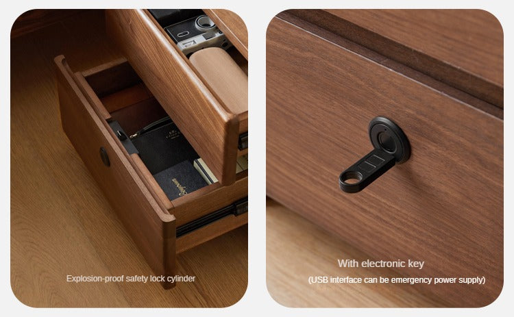 Black walnut solid wood wireless charging with lock Smart nightstand=