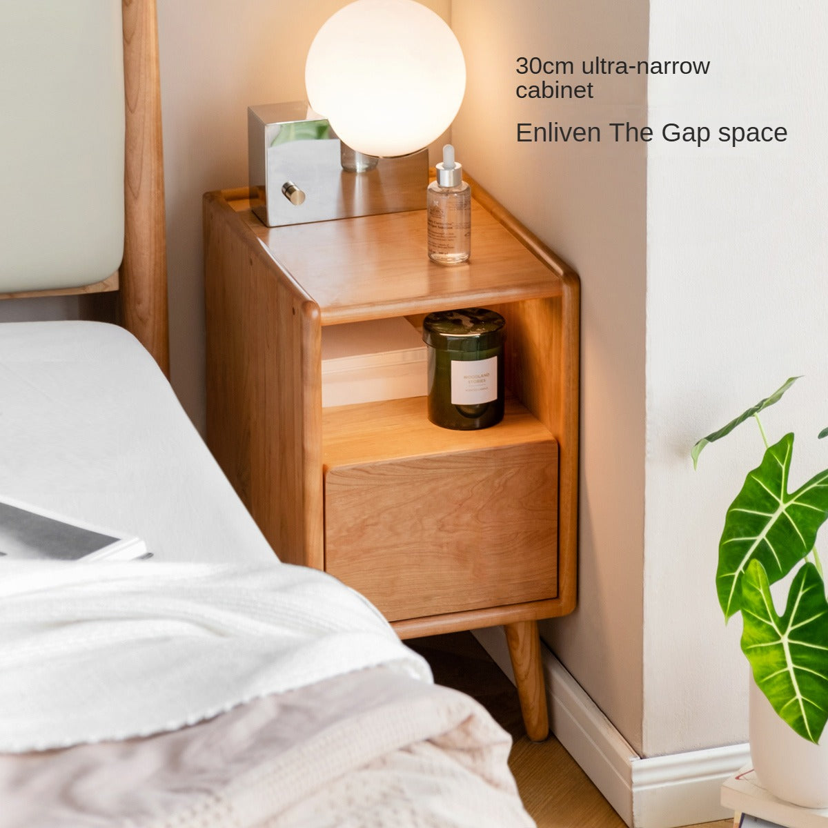 Cherry wood ultra-narrow nightstand with light)