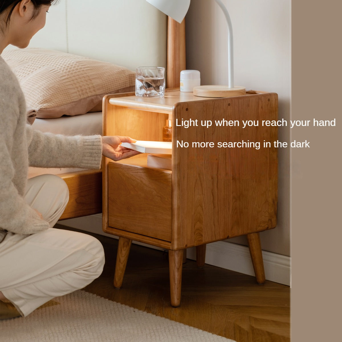 Cherry wood ultra-narrow nightstand with light)