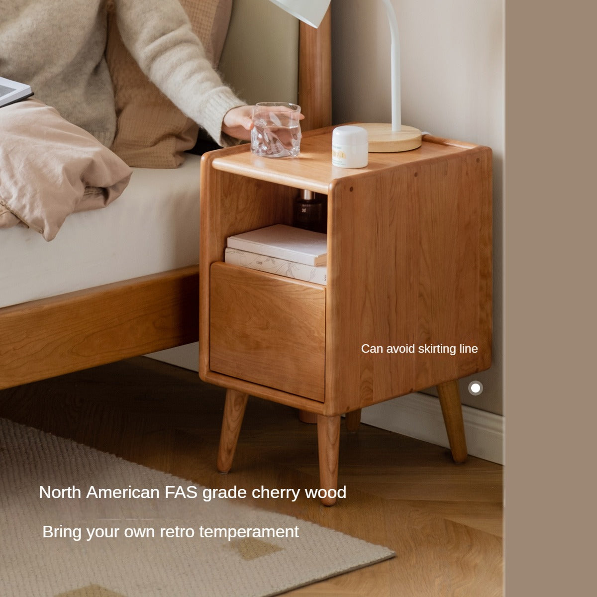 Cherry wood ultra-narrow nightstand with light)