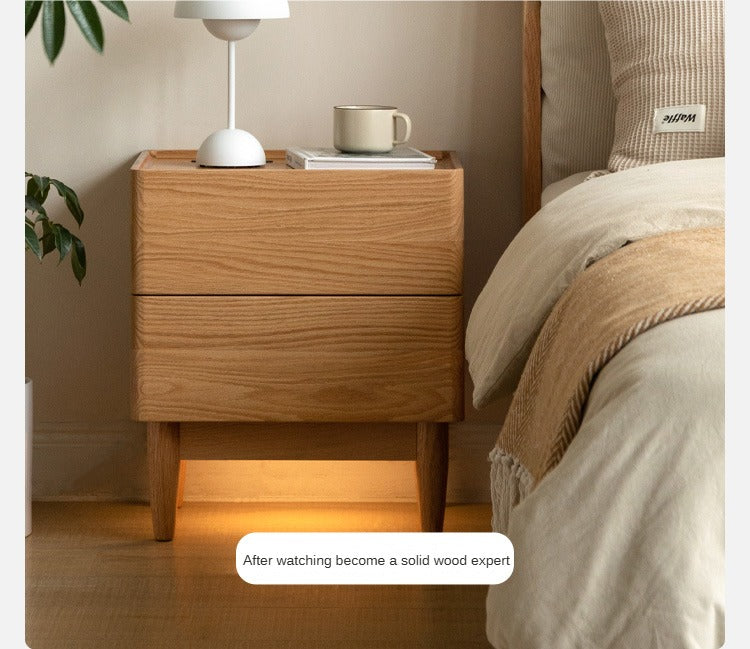 Oak Solid Wood Smart Nightstand Phone Charger, Socket, Lamp Integrated