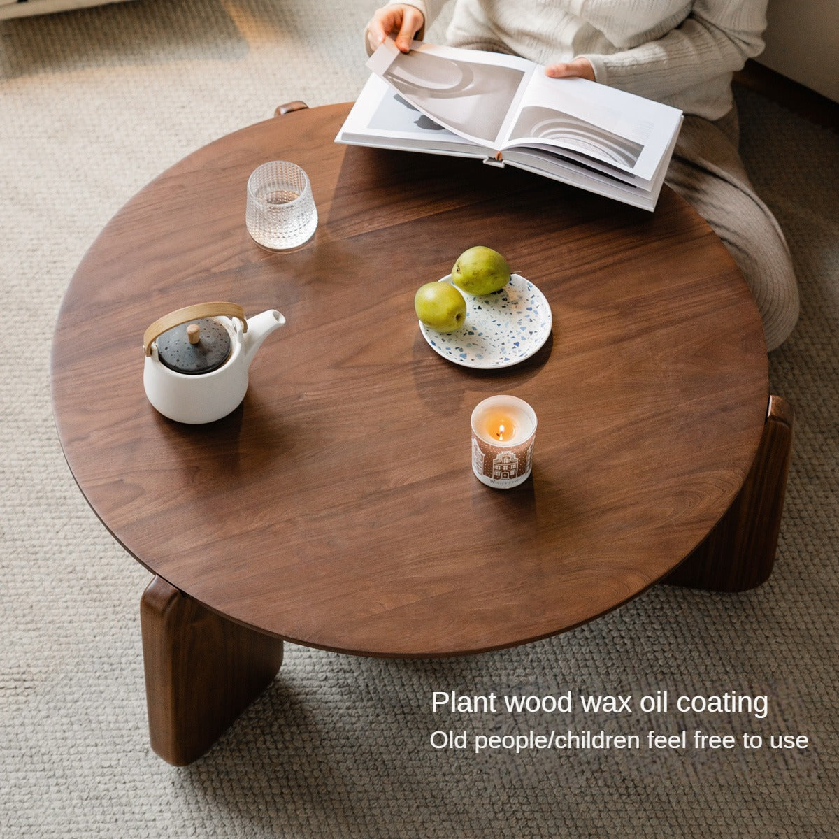 Black walnut solid wood slate round tea coffee table,