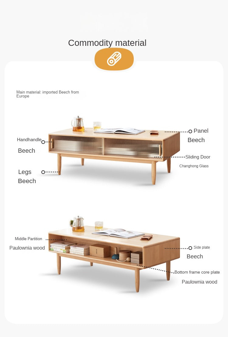 Beech solid wood glass sliding door coffee table-