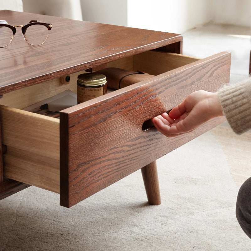 Oak solid wood Two-drawer coffee table walnut color-