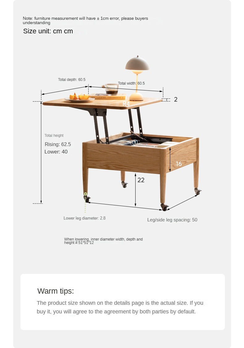 Oak Solid Wood Elevated Dual purpose Folding Coffee Table-