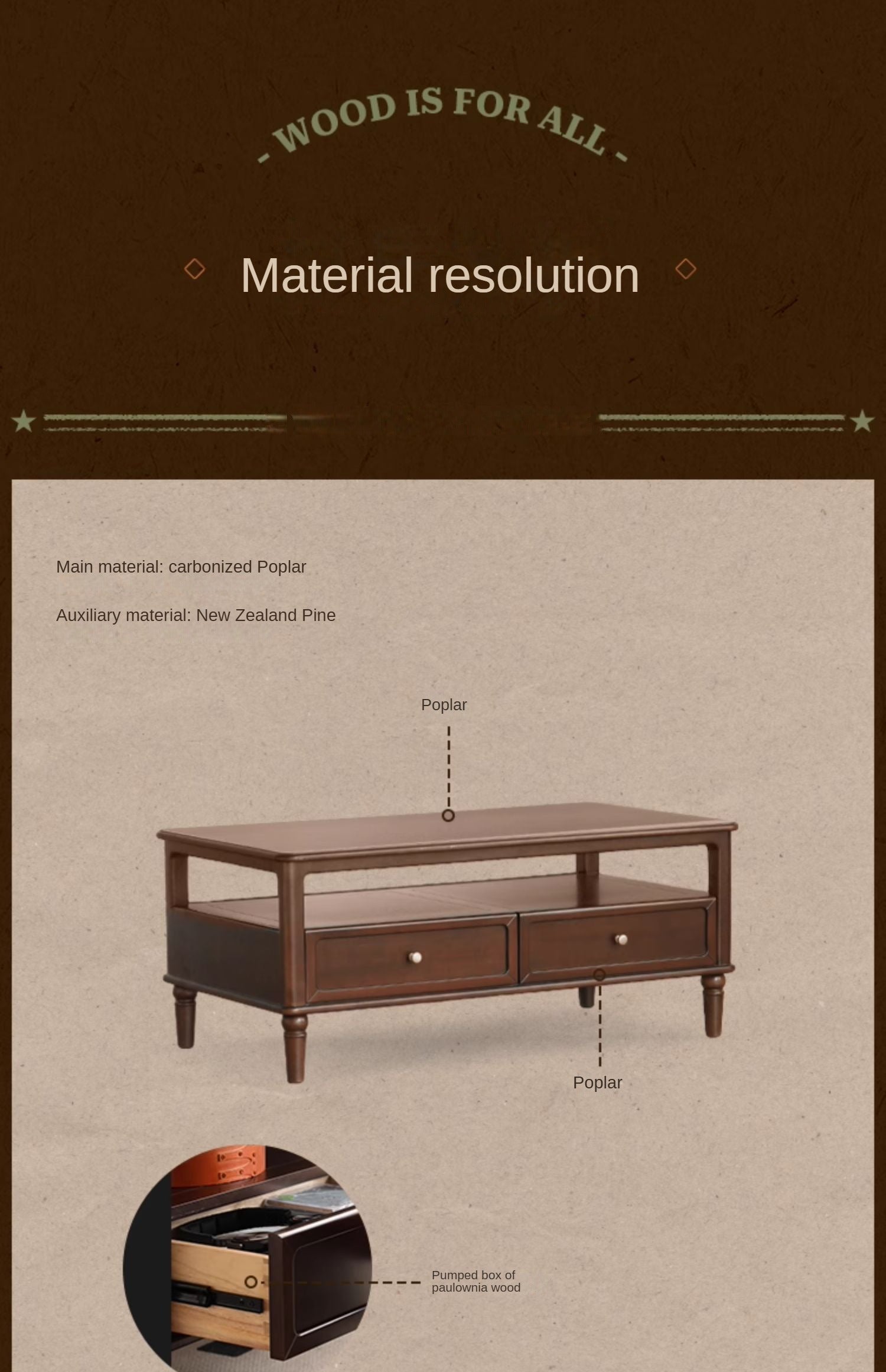 Poplar Solid Wood American Retro Coffee Table,