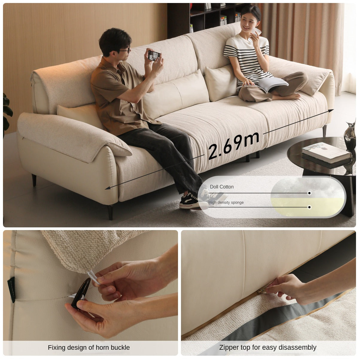 Leather Straight Sofa White Cream Style