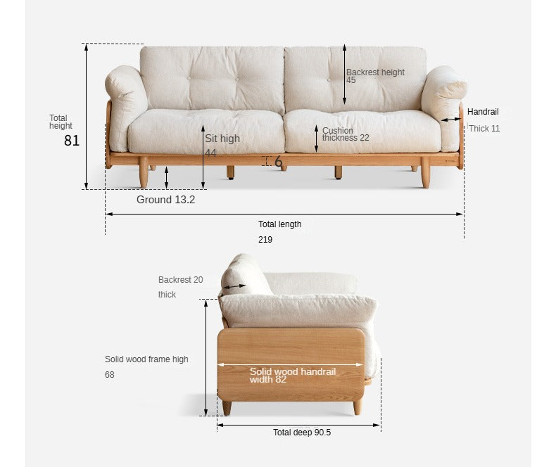 Oak Solid Wood Genuine Leather Fabric Sofa