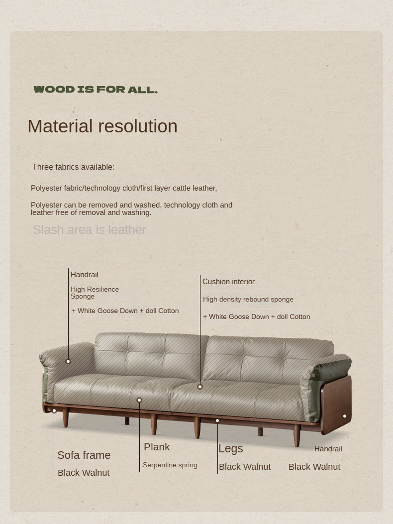 Black Walnut Solid Wood Genuine Leather Sofa