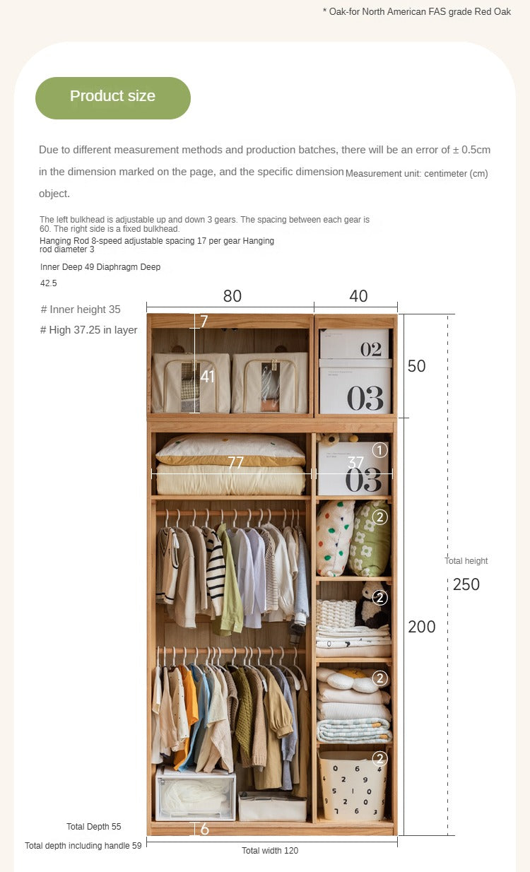 Oak Solid Wood Children's Wardrobe with Desk