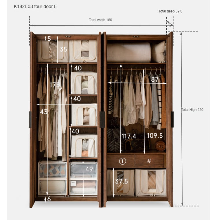 Black Walnut Solid Wood Wardrobe Combination Storage Cabinet