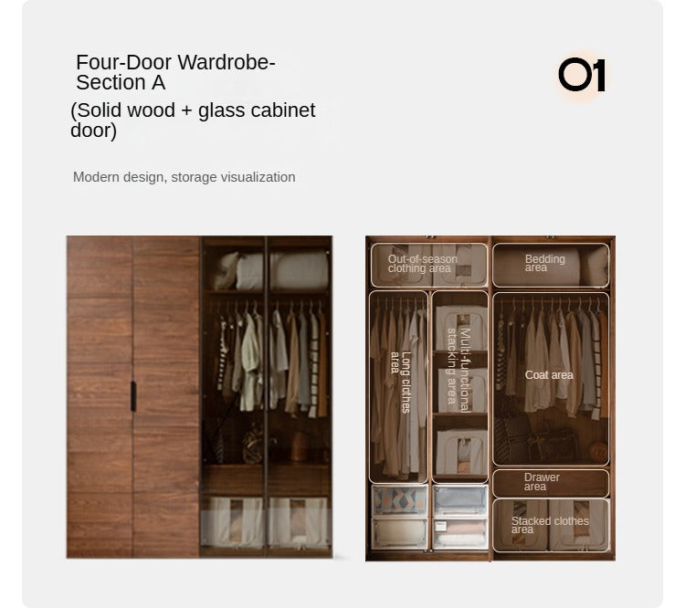 Black Walnut Solid Wood Wardrobe Combination Storage Cabinet