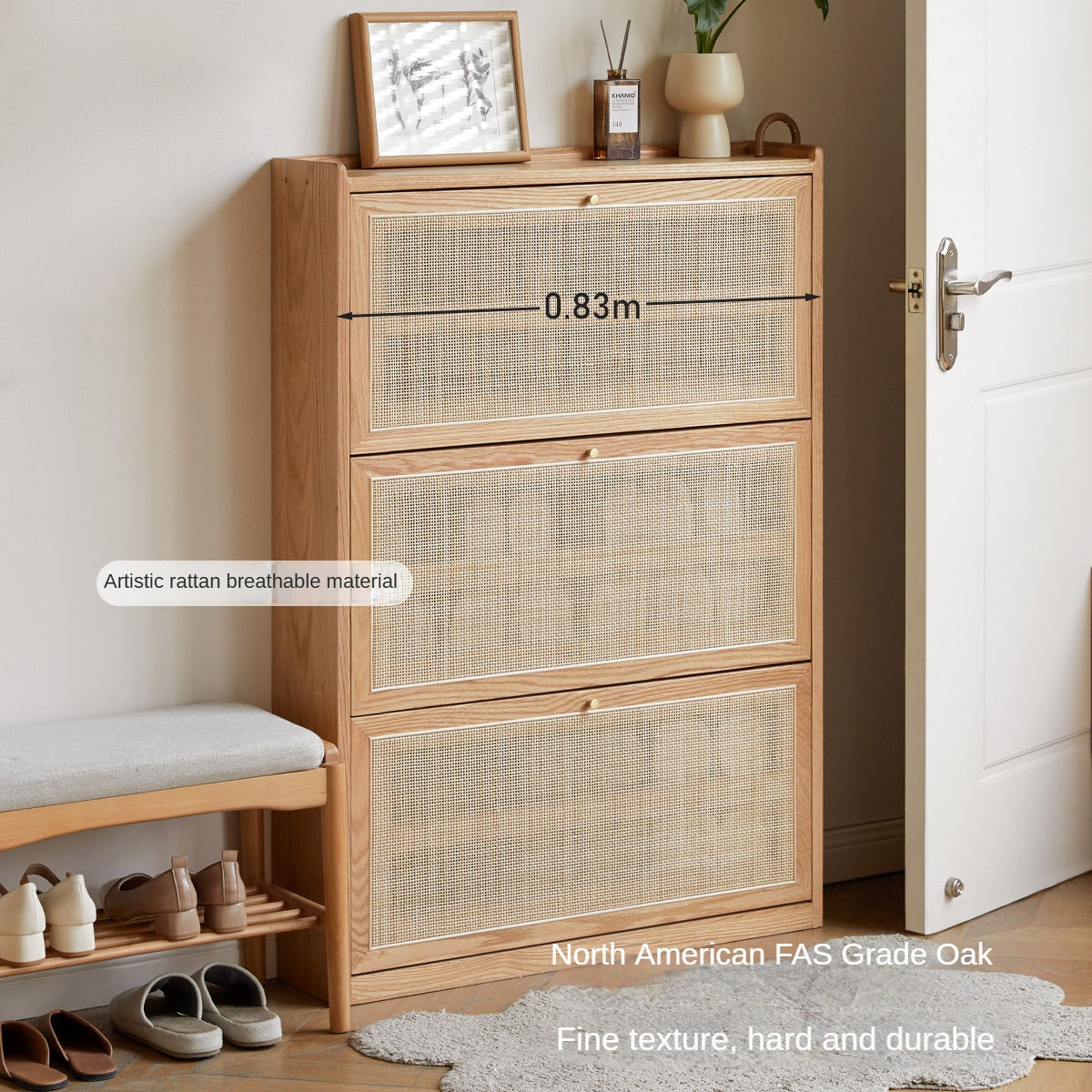 Oak Solid Wood Ultra-Thin Flap Door Rattan Shoe Cabinet