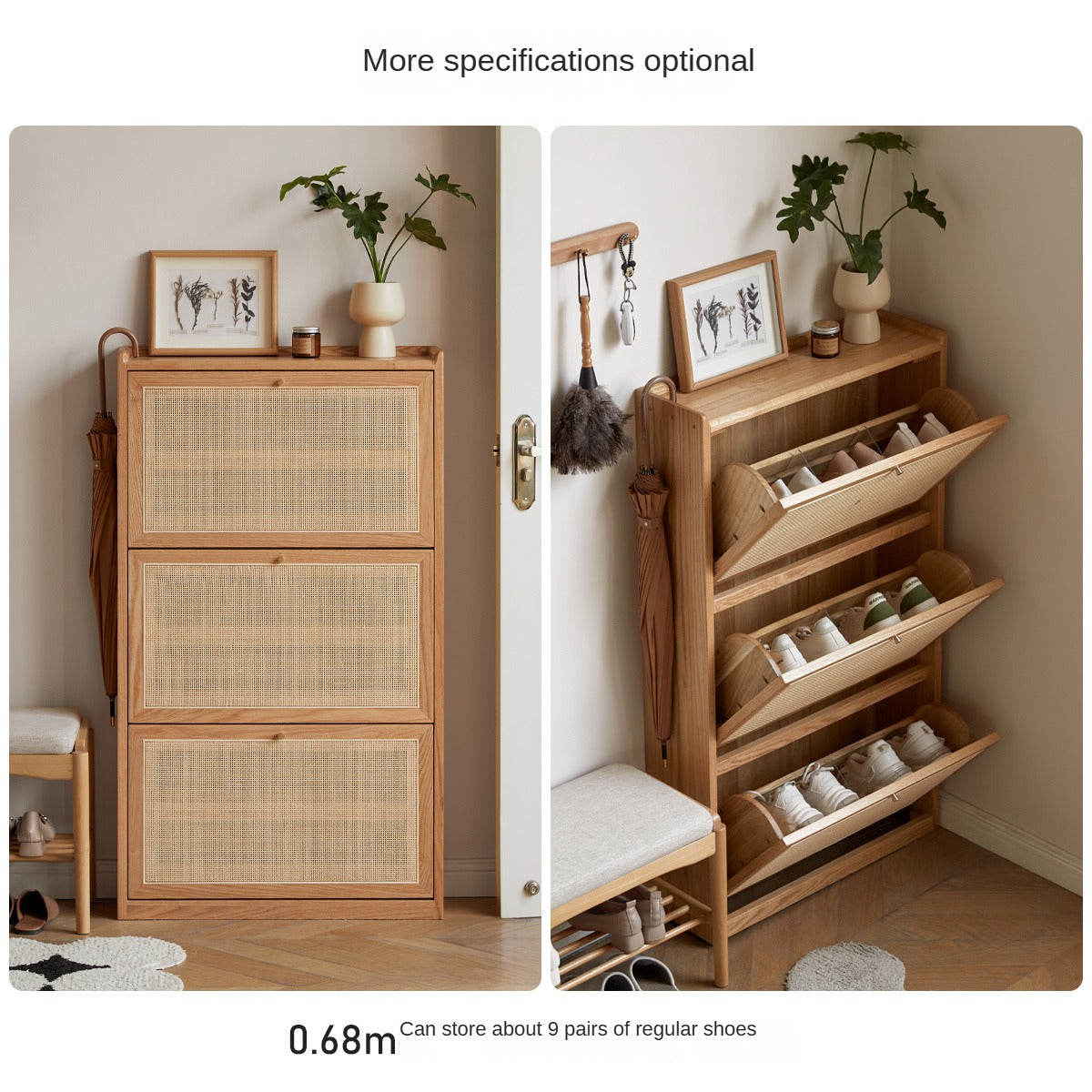 Oak Solid Wood Ultra-Thin Flap Door Rattan Shoe Cabinet