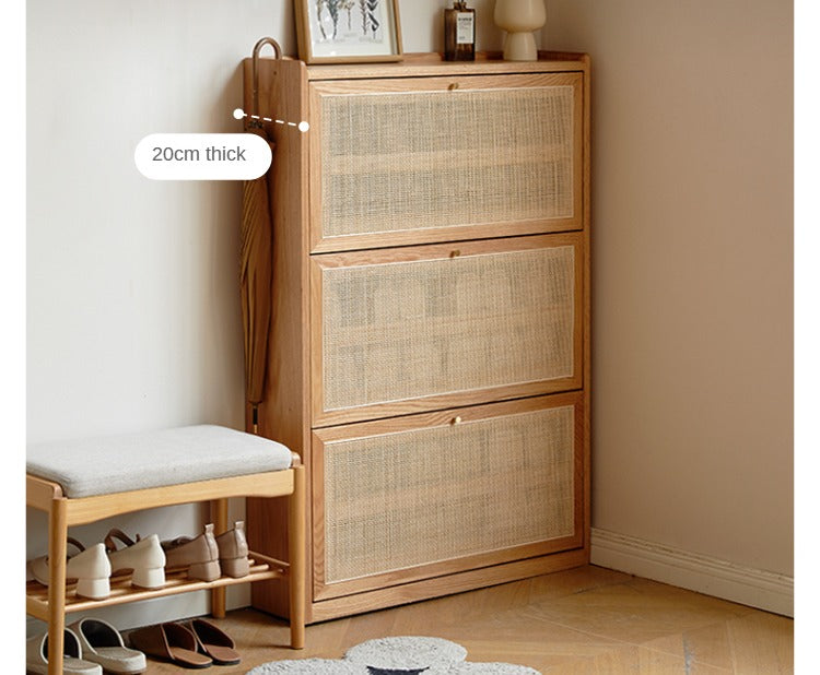 Oak Solid Wood Ultra-Thin Flap Door Rattan Shoe Cabinet