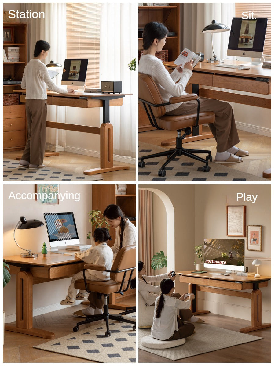 Cherry Solid Wood Electric Lift Dual Motor Office Desk