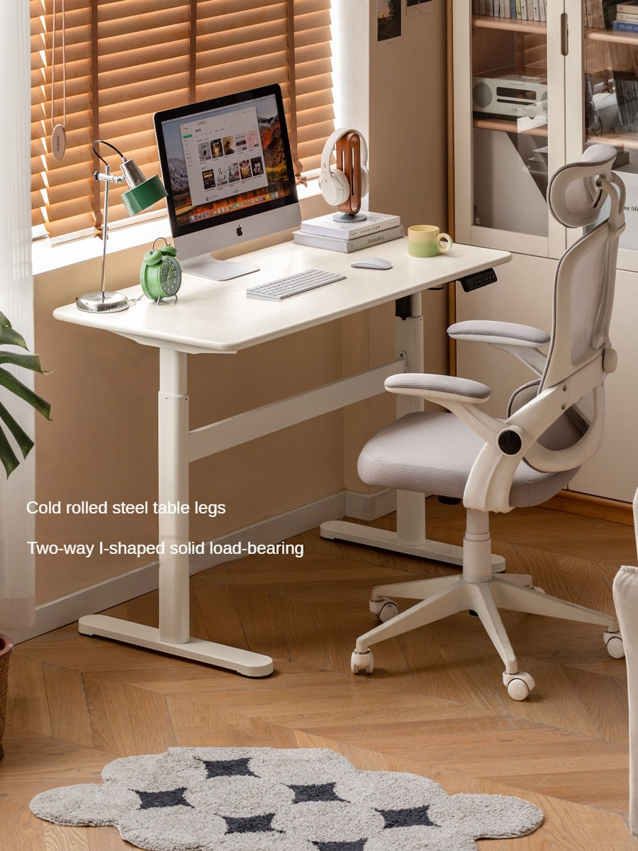 Poplar Solid Wood White Cream Style Electric Lift Desk