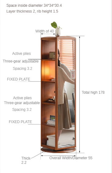 Poplar Solid Wood Rotating Multi-Function Retro Mirror Bookshelf