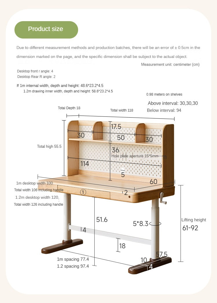 Beech Solid Wood Study Hand Crank Lift Children's Table