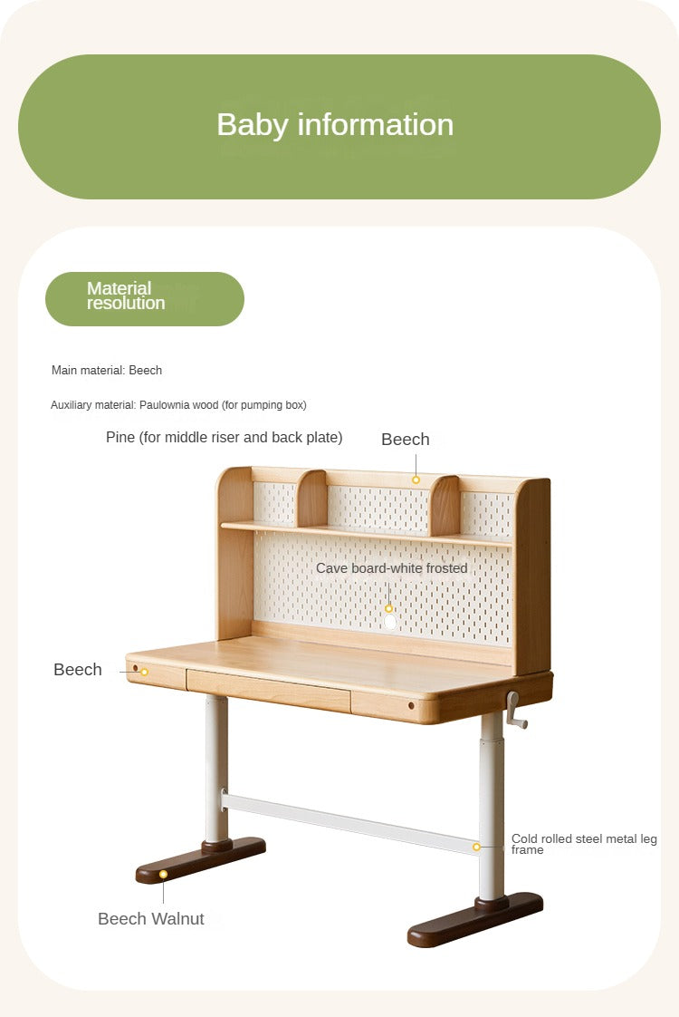 Beech Solid Wood Study Hand Crank Lift Children's Table