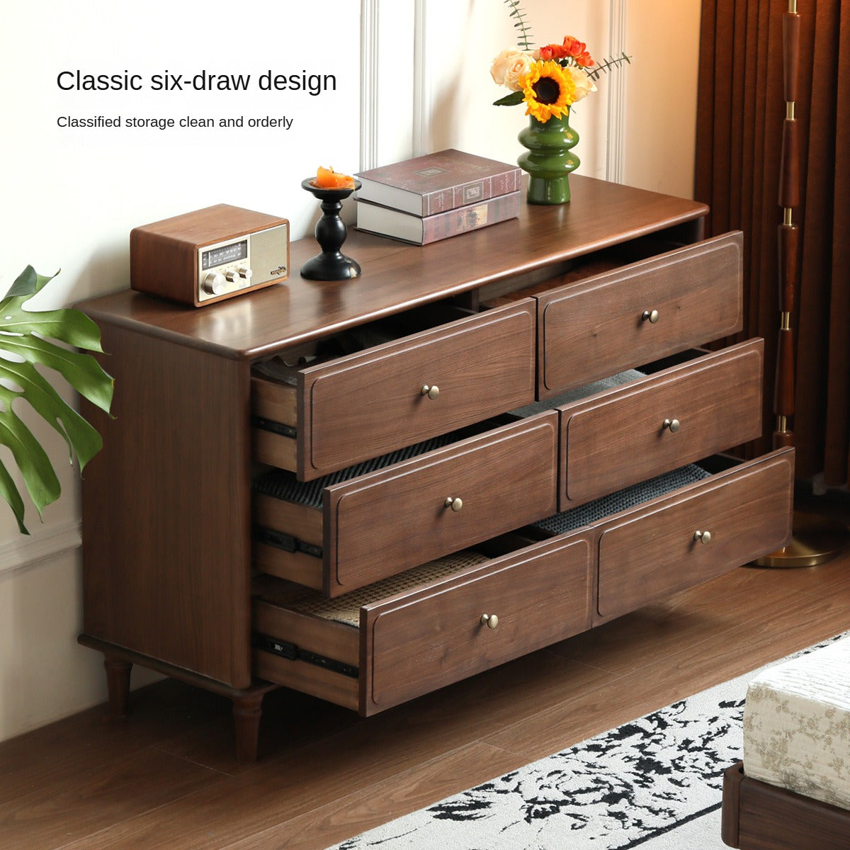 Black Walnut Solid Wood Retro Six Drawers Cabinet