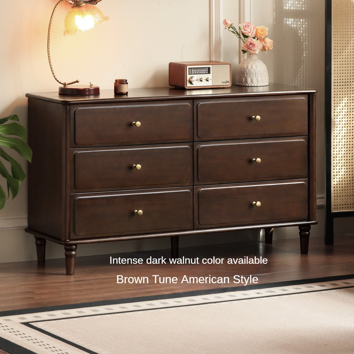 Black Walnut Solid Wood Retro Six Drawers Cabinet