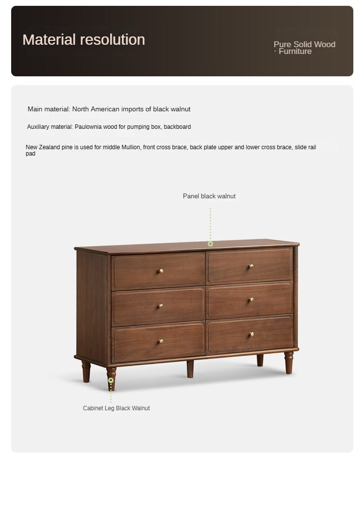 Black Walnut Solid Wood Retro Six Drawers Cabinet