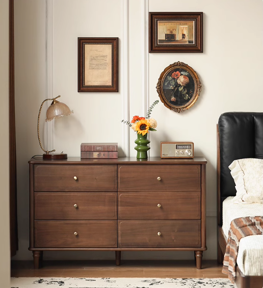 Black Walnut Solid Wood Retro Six Drawers Cabinet