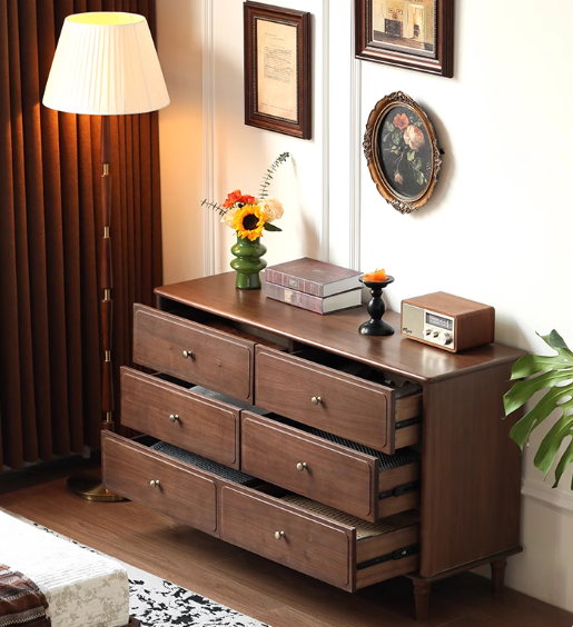 Black Walnut Solid Wood Retro Six Drawers Cabinet