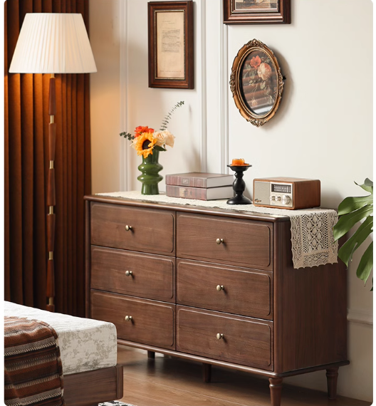 Black Walnut Solid Wood Retro Six Drawers Cabinet