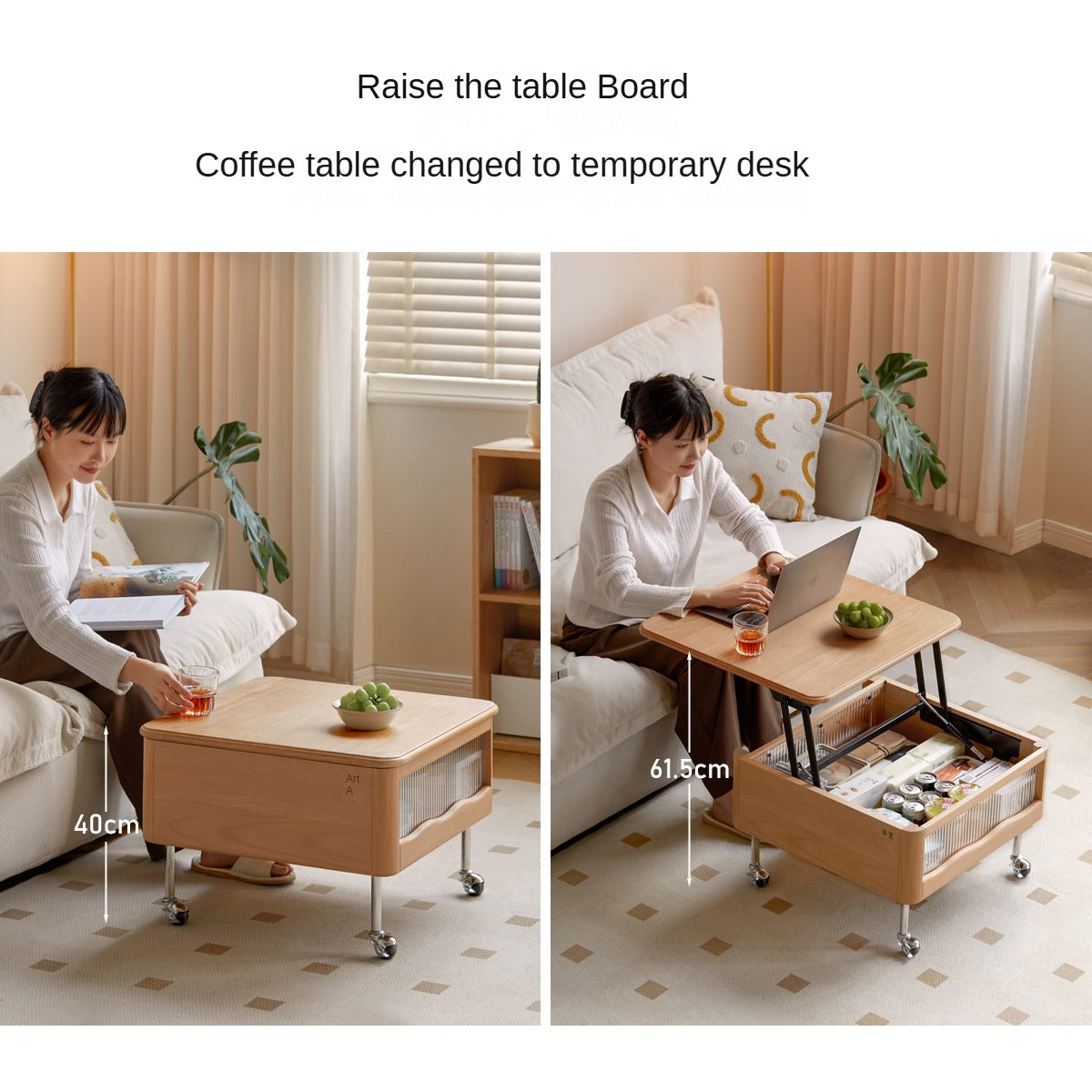 Beech solid wood lifting movable trolley coffee table