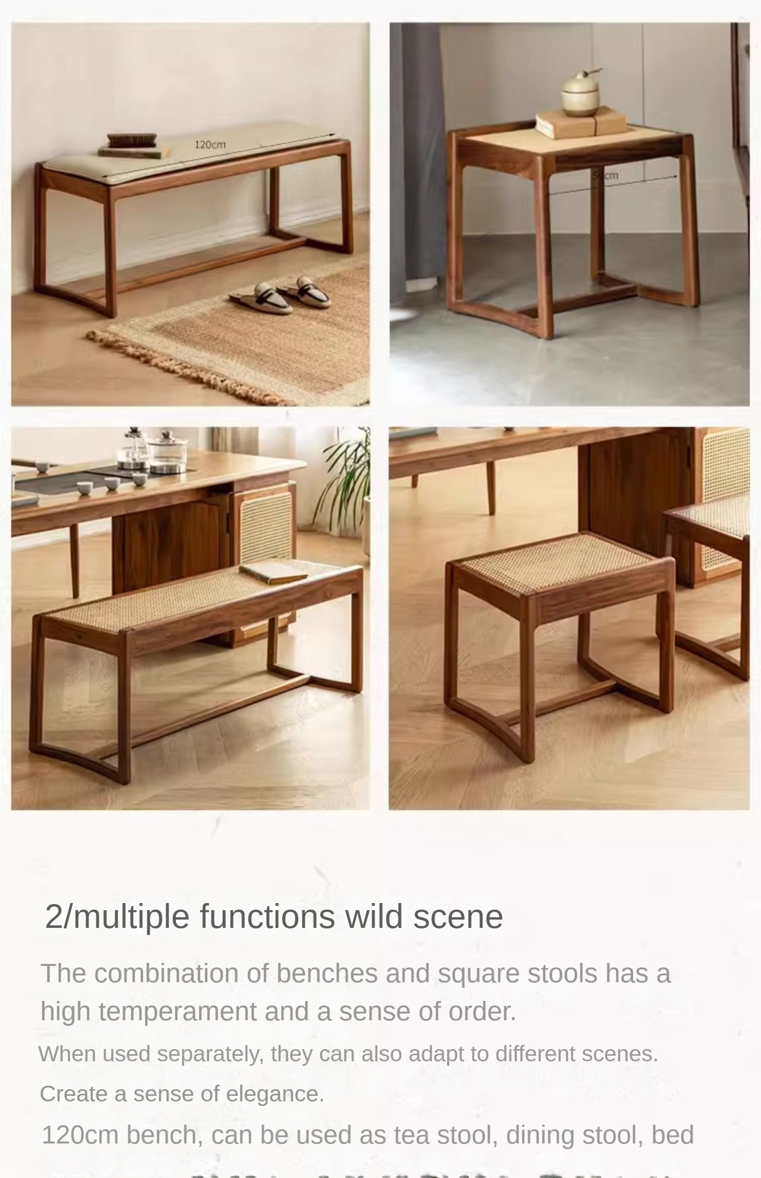 Black walnut solid wood square stool bench