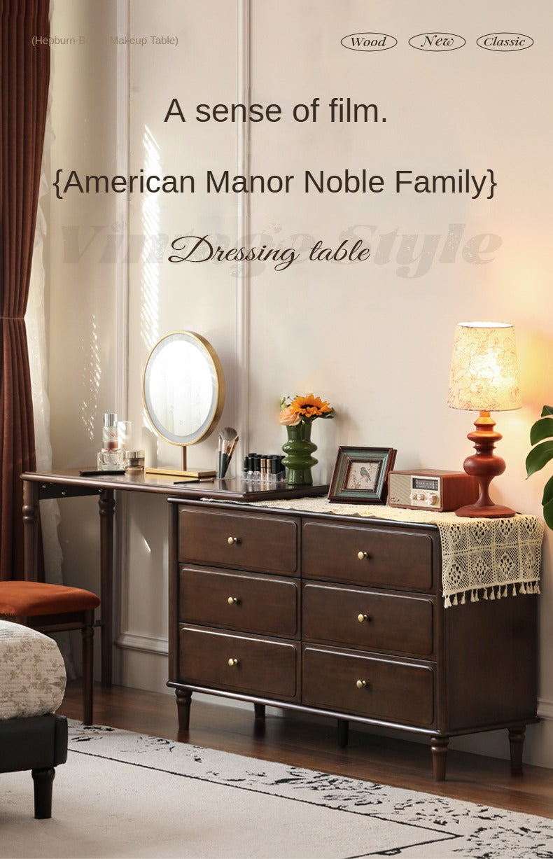 Poplar Solid Wood American Retro Retractable Dressing Table