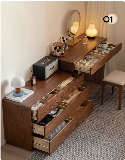 Oak Solid Wood Retro Style Retractable Dressing Table