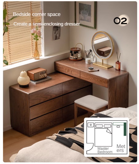 Oak Solid Wood Retro Style Retractable Dressing Table