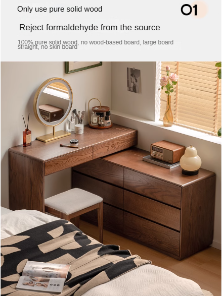 Oak Solid Wood Retro Style Retractable Dressing Table