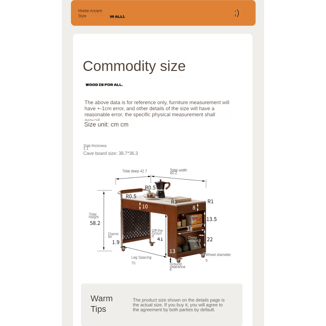 Poplar Solid Wood Coffee Table, Mobile Side Table for Making Tea Around The Stove