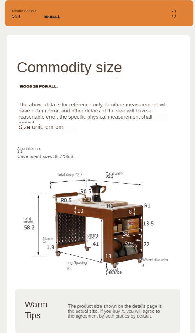 Poplar Solid Wood Coffee Table, Mobile Side Table for Making Tea Around The Stove