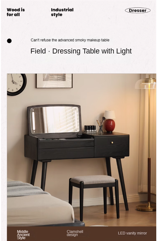 Oak solid wood Black makeup table Mirror LED touch