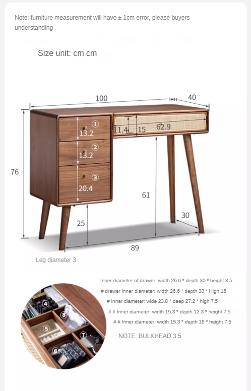 Black walnut solid wood rattan dressing table