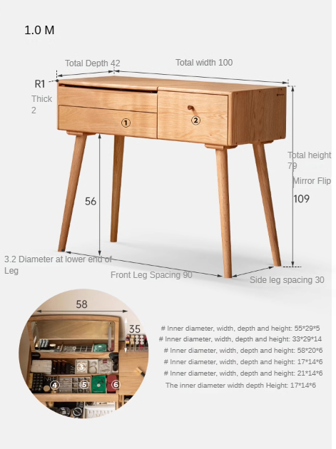 Oak solid wood Dressing table Mirror LED touch light