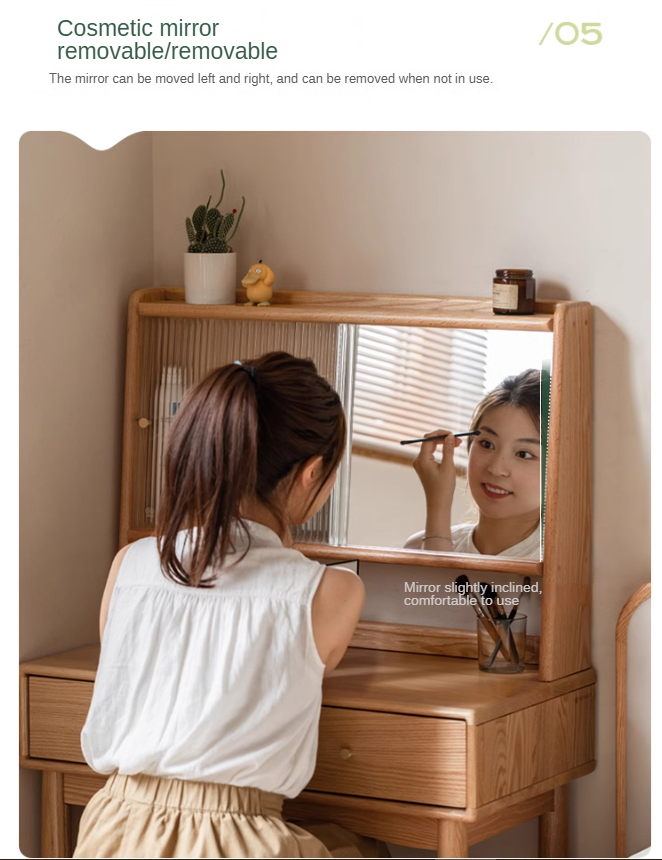 Oak solid wood Dressing table Hidden makeup mirror: