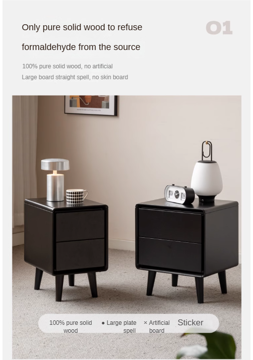 Rubber wood, Poplar Solid Wood Black Nightstand