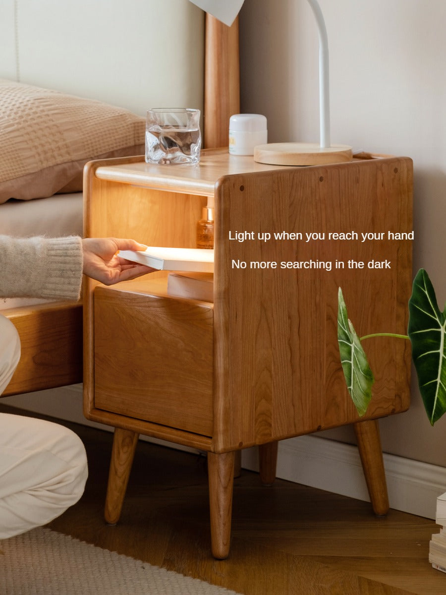 Cherry wood ultra-narrow nightstand with light)