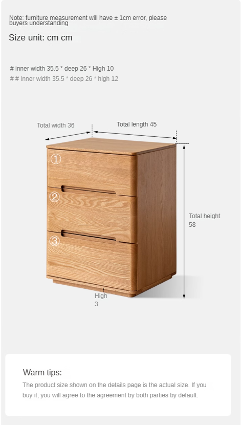 Oak solid wood Three-drawer nightstand with lock: