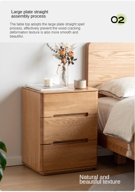 Oak solid wood Three-drawer nightstand with lock: