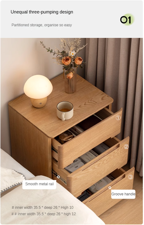 Oak solid wood Three-drawer nightstand with lock: