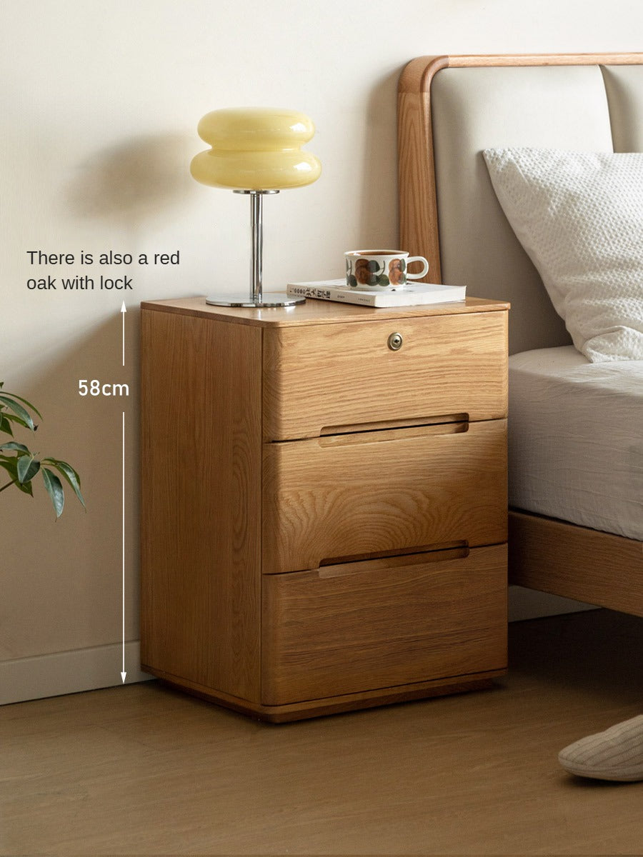 Oak Solid Wood Three-Drawer Nightstand with Lock